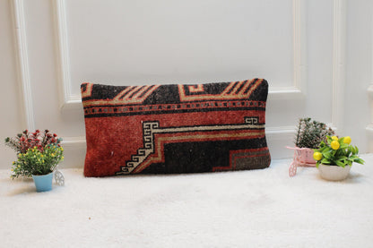 Red Vintage Lumbar Pillow Cover: Turkish Rug Design (12x24 inc)