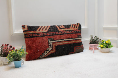 Red Vintage Lumbar Pillow Cover: Turkish Rug Design (12x24 inc)