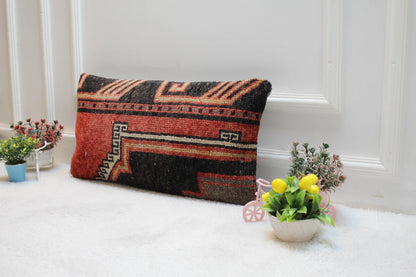 Red Vintage Lumbar Pillow Cover: Turkish Rug Design (12x24 inc)