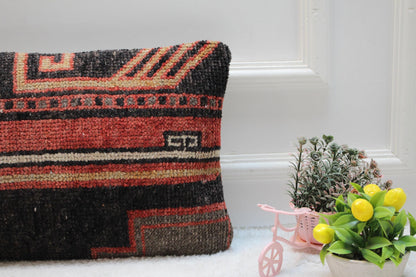 Red Vintage Lumbar Pillow Cover: Turkish Rug Design (12x24 inc)
