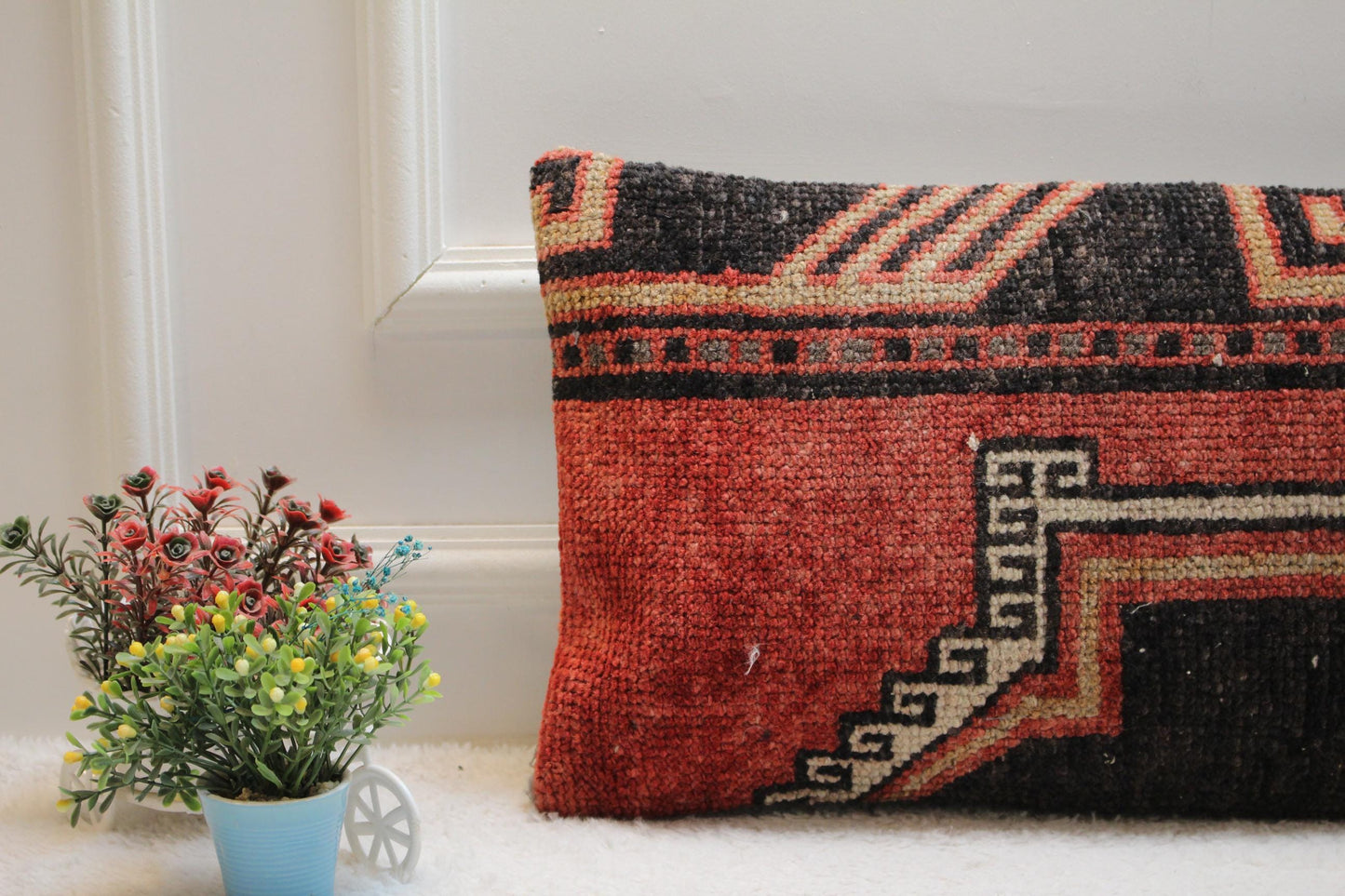 Red Vintage Lumbar Pillow Cover: Turkish Rug Design (12x24 inc)