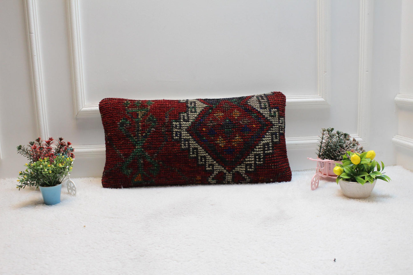 Red Vintage Turkish Rug Lumbar Pillow Cover: 12x24 inc, Handmade Kilim