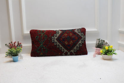 Red Vintage Turkish Rug Lumbar Pillow Cover: 12x24 inc, Handmade Kilim