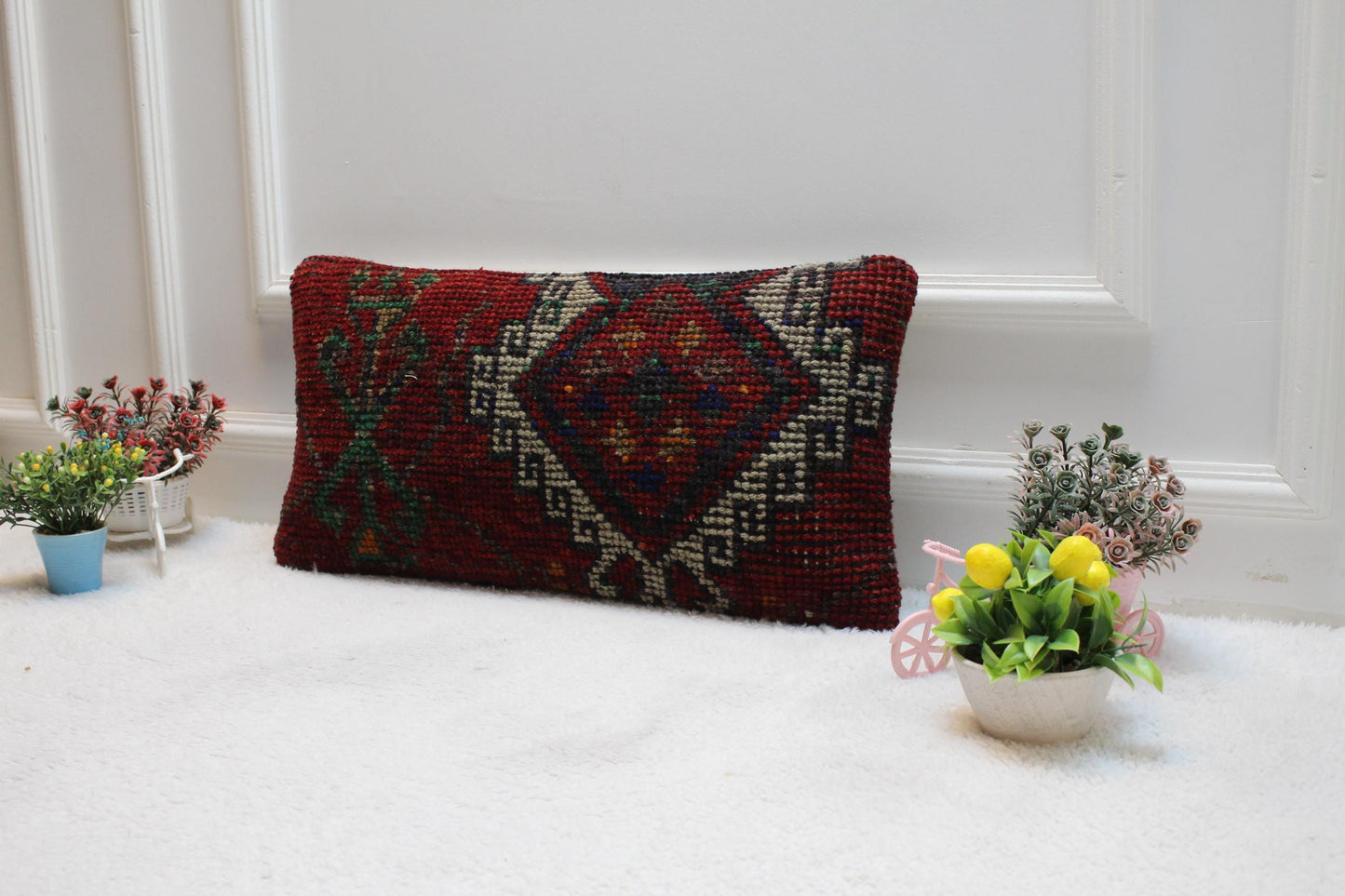 Red Vintage Turkish Rug Lumbar Pillow Cover: 12x24 inc, Handmade Kilim