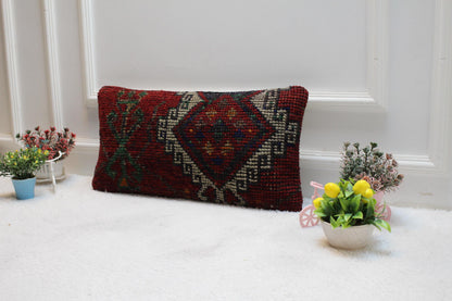 Red Vintage Turkish Rug Lumbar Pillow Cover: 12x24 inc, Handmade Kilim