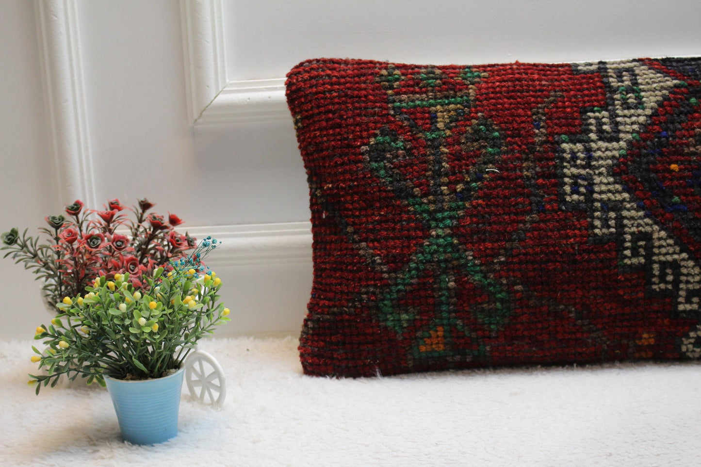 Red Vintage Turkish Rug Lumbar Pillow Cover: 12x24 inc, Handmade Kilim