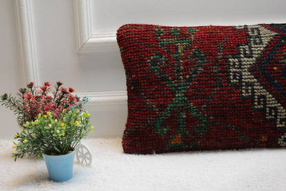 Red Vintage Turkish Rug Lumbar Pillow Cover: 12x24 inc, Handmade Kilim