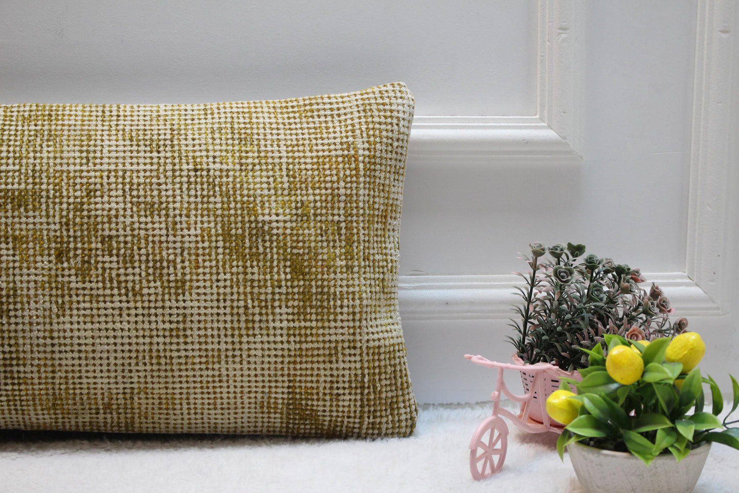Handmade Kilim Lumbar Pillow Cover: Yellow Woven Rug, 12x24 inc