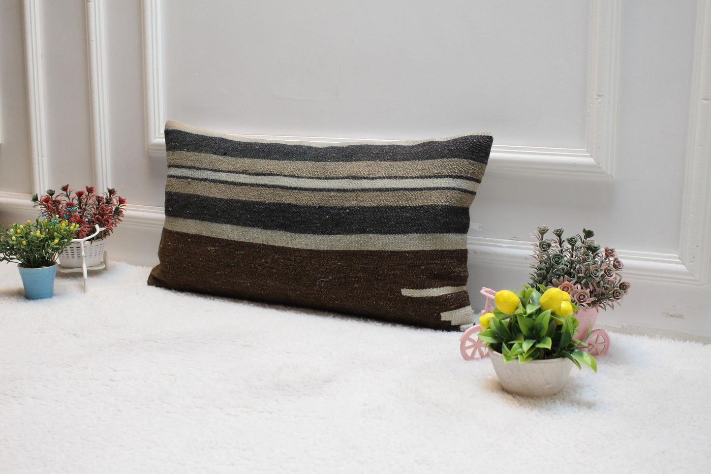 Striped Vintage Turkish Kilim Lumbar Pillow Cover: 12x24 Organic Wool