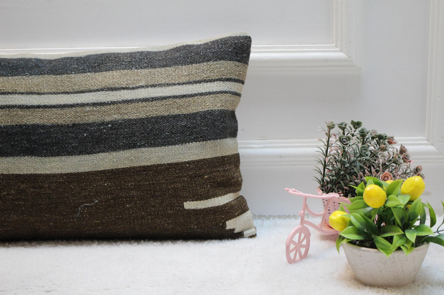 Striped Vintage Turkish Kilim Lumbar Pillow Cover: 12x24 Organic Wool