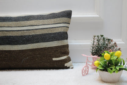 Striped Vintage Turkish Kilim Lumbar Pillow Cover: 12x24 Organic Wool