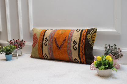 Orange Vintage Kilim Pillow Cover: 12x24 inch Wool Lumbar Pillow