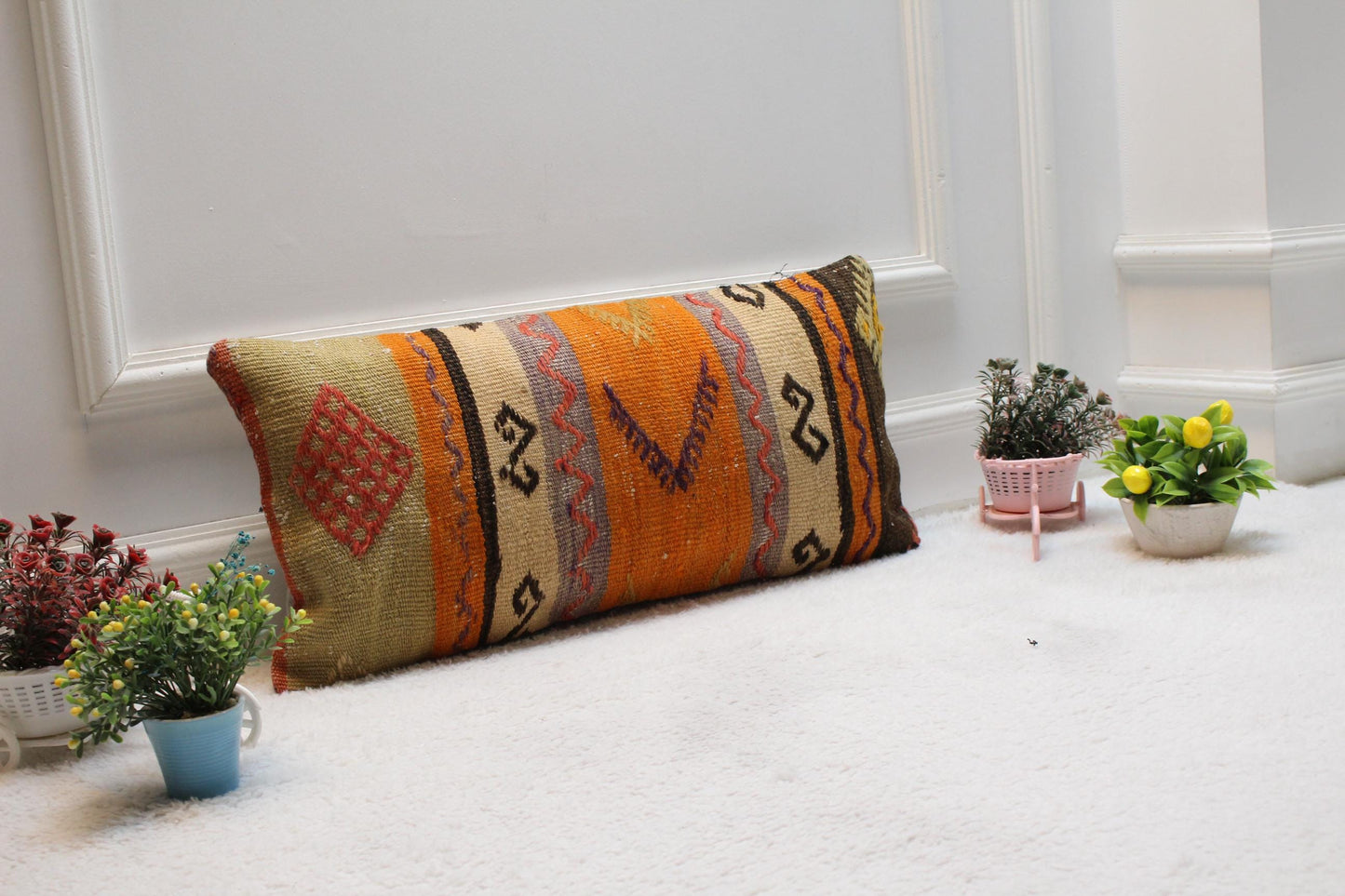 Orange Vintage Kilim Pillow Cover: 12x24 inch Wool Lumbar Pillow