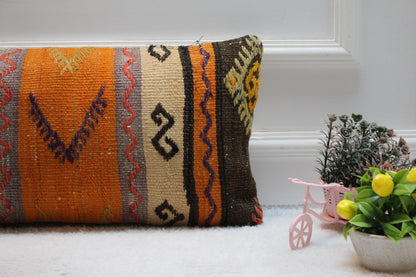 Orange Vintage Kilim Pillow Cover: 12x24 inch Wool Lumbar Pillow