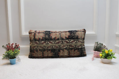 Handmade Kilim Lumbar Pillow Cover: Upcycled Woven Rug, 12x24 inc
