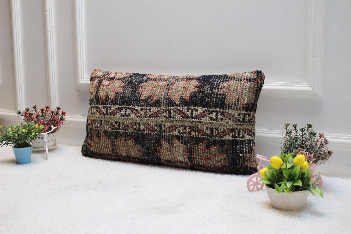 Handmade Kilim Lumbar Pillow Cover: Upcycled Woven Rug, 12x24 inc