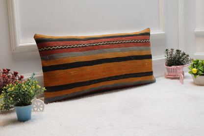 Striped Kilim Pillow Cover: Turkish Woven Wool, 12x24 inch