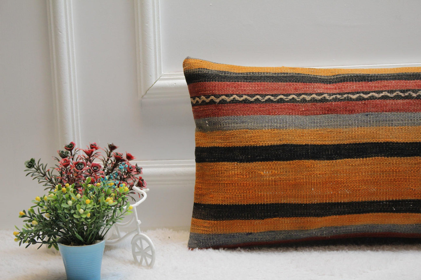 Striped Kilim Pillow Cover: Turkish Woven Wool, 12x24 inch