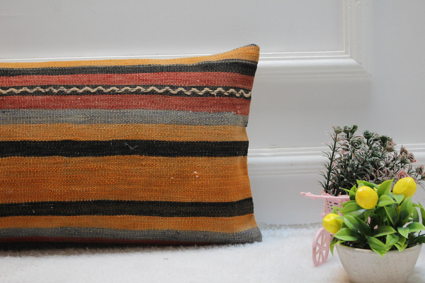 Striped Kilim Pillow Cover: Turkish Woven Wool, 12x24 inch