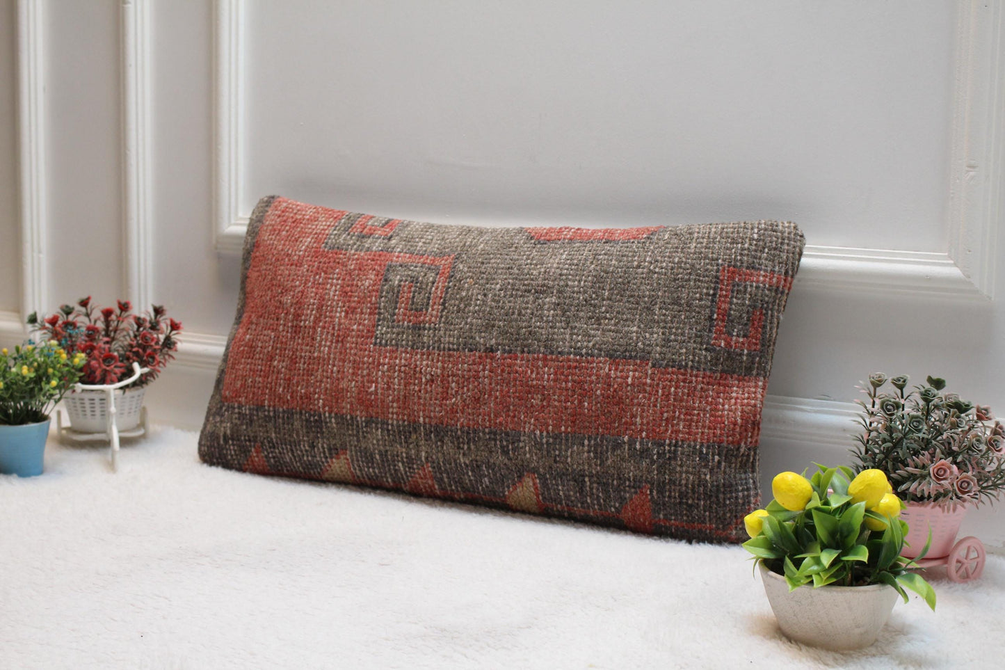 Handmade Kilim Pillow Cover: Red & Gray Woven Rug, 12x24 inch