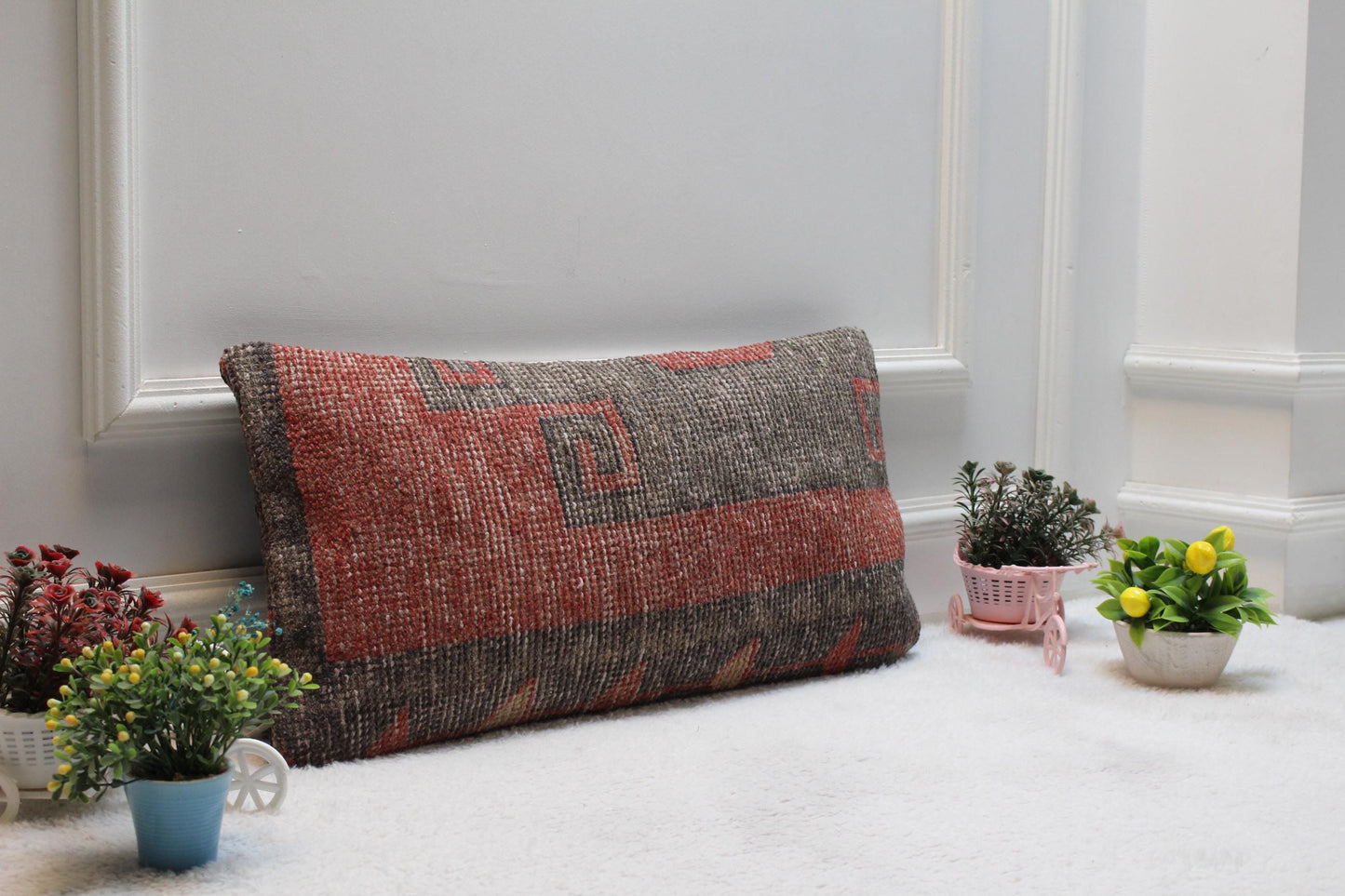 Handmade Kilim Pillow Cover: Red & Gray Woven Rug, 12x24 inch