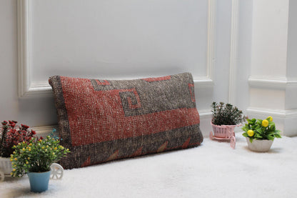 Handmade Kilim Pillow Cover: Red & Gray Woven Rug, 12x24 inch