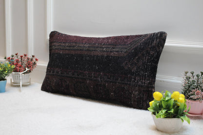 Black & Purple Vintage Turkish Rug Lumbar Pillow Cover (12x24 in)