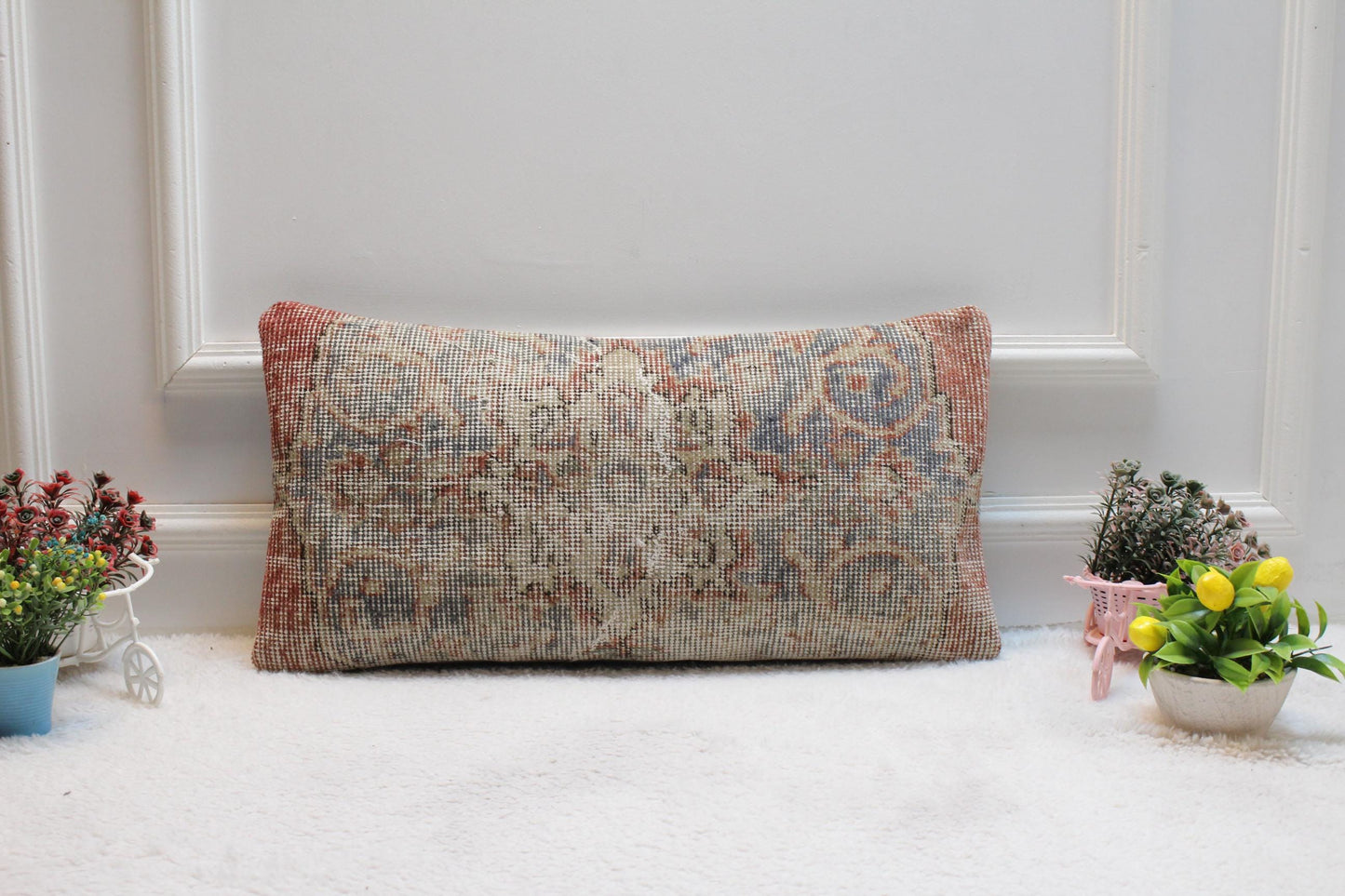 Handmade Kilim Lumbar Pillow Cover: Floral Woven Rug, 12x24 inch