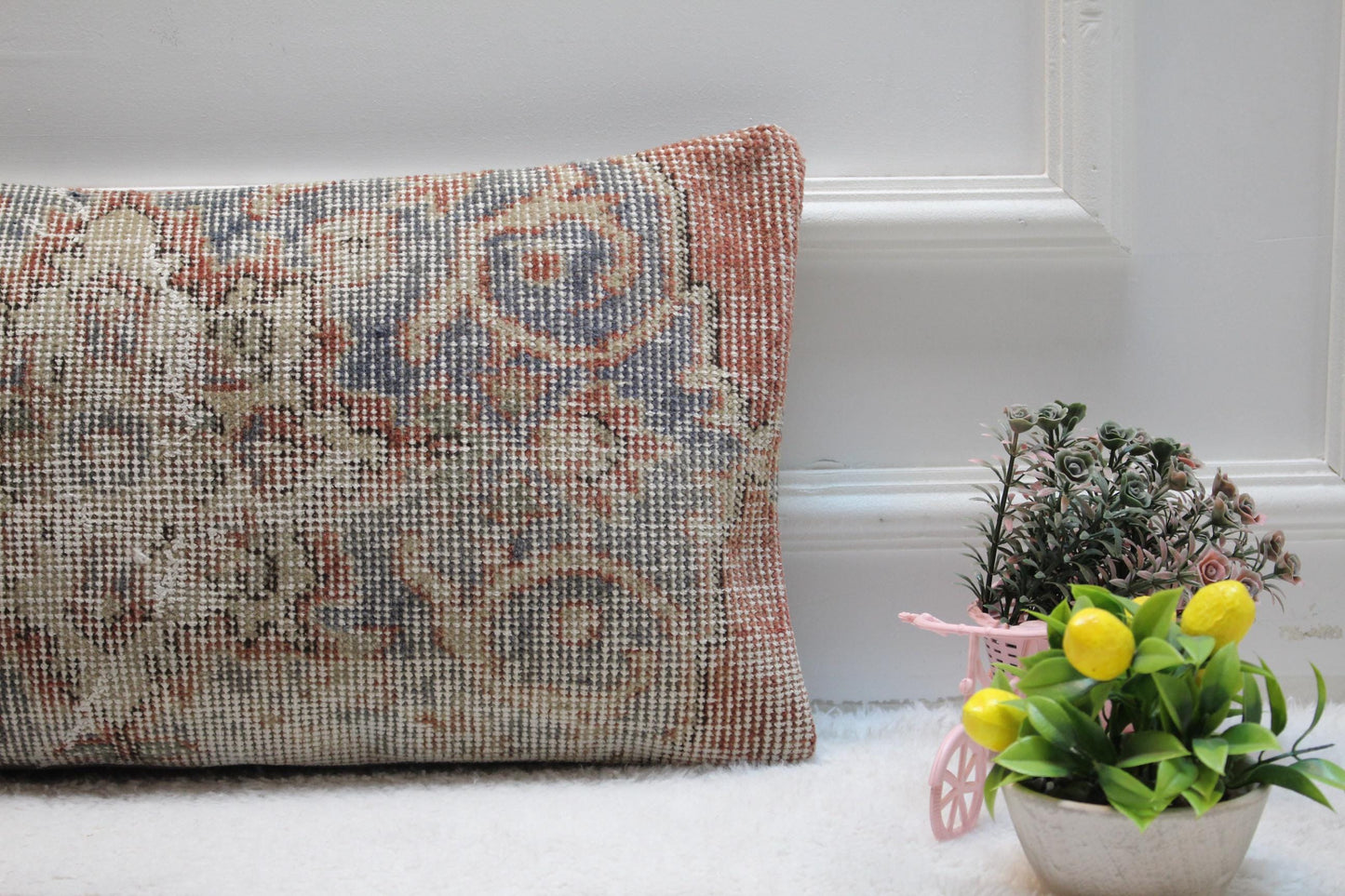 Handmade Kilim Lumbar Pillow Cover: Floral Woven Rug, 12x24 inch