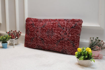 Handmade Red Kilim Lumbar Pillow Cover: Upcycled Woven Rug, 12x24 inc