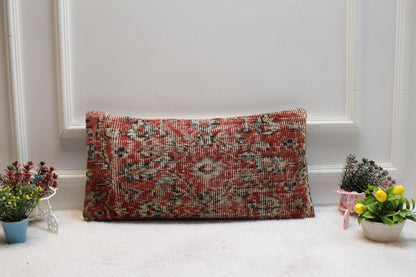 Red Turkish Rug Pillow Cover: Vintage Kilim Lumbar Pillow (12x24 in)