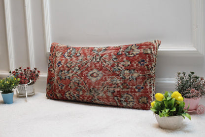 Red Turkish Rug Pillow Cover: Vintage Kilim Lumbar Pillow (12x24 in)