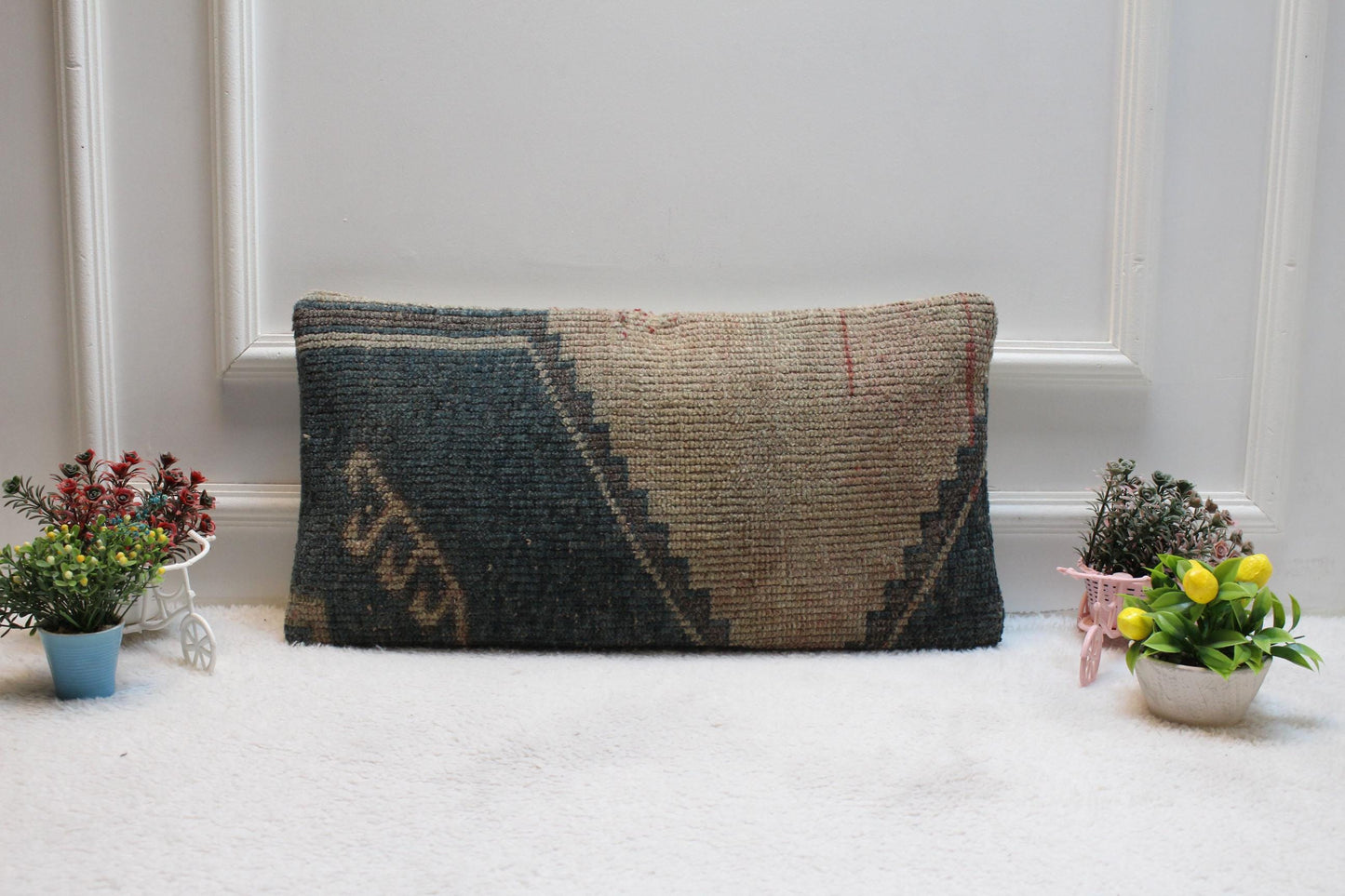Handmade Kilim Lumbar Pillow Cover: Upcycled Woven Rug, Boho Decor (12x24 inch)