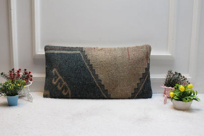 Handmade Kilim Lumbar Pillow Cover: Upcycled Woven Rug, Boho Decor (12x24 inch)