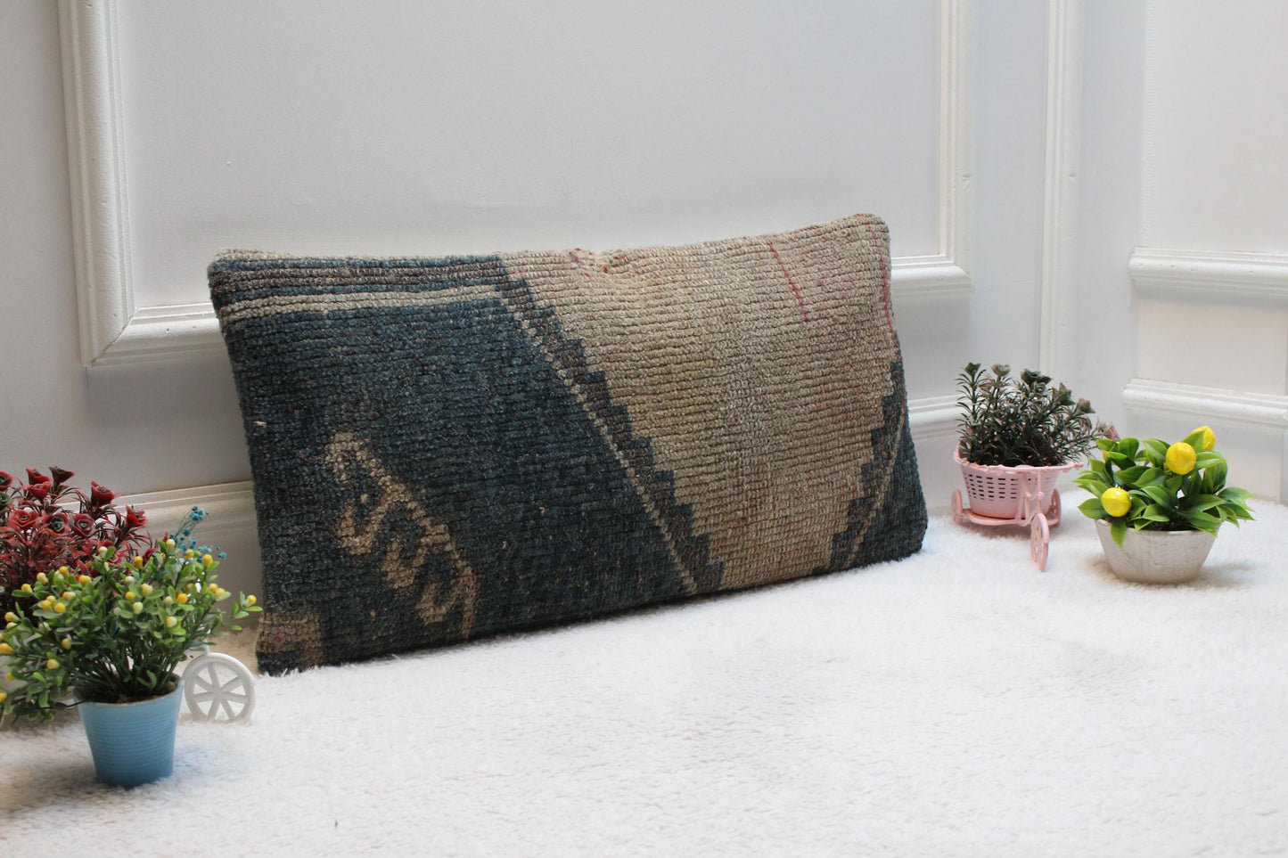 Handmade Kilim Lumbar Pillow Cover: Upcycled Woven Rug, Boho Decor (12x24 inch)