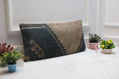 Handmade Kilim Lumbar Pillow Cover: Upcycled Woven Rug, Boho Decor (12x24 inch)