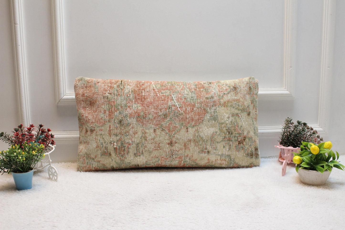 Vintage Turkish Rug Lumbar Pillow Cover: Beige Woven Wool, 12x24 inch