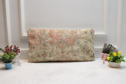 Vintage Turkish Rug Lumbar Pillow Cover: Beige Woven Wool, 12x24 inch