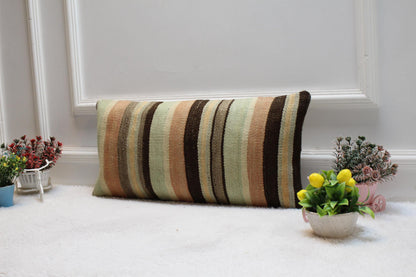 Striped Kilim Lumbar Pillow Cover: Handwoven Wool, 12x24 inch