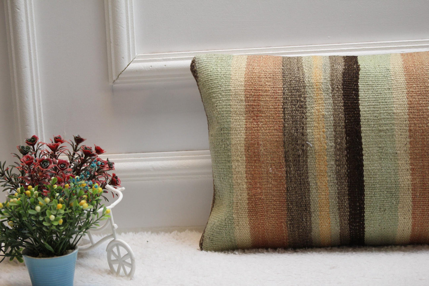 Striped Kilim Lumbar Pillow Cover: Handwoven Wool, 12x24 inch