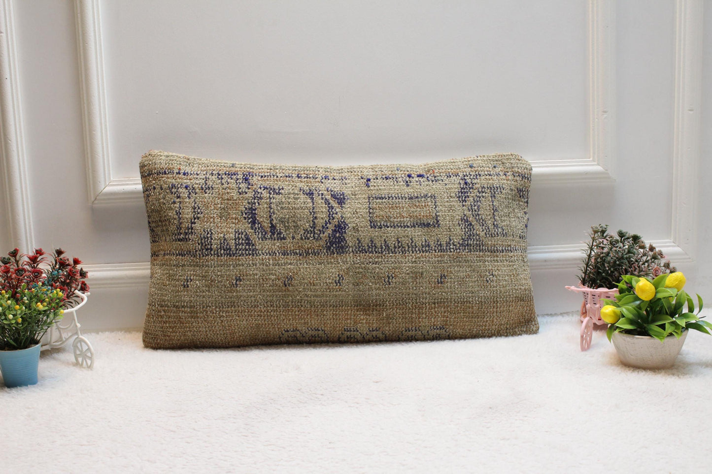 Handmade Kilim Lumbar Pillow Cover: Beige & Blue Rug Pillow (12x24 inc)