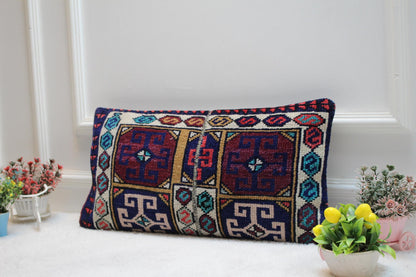 Vintage Turkish Rug Lumbar Pillow Cover: Beige, Blue, Red (12x24 in)