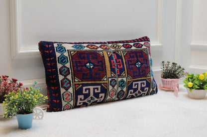 Vintage Turkish Rug Lumbar Pillow Cover: Beige, Blue, Red (12x24 in)