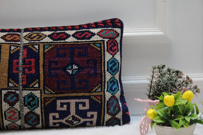 Vintage Turkish Rug Lumbar Pillow Cover: Beige, Blue, Red (12x24 in)