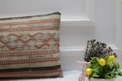 Handmade Geometric Kilim Pillow Cover: Vintage Woven Wool, 12x24 inch