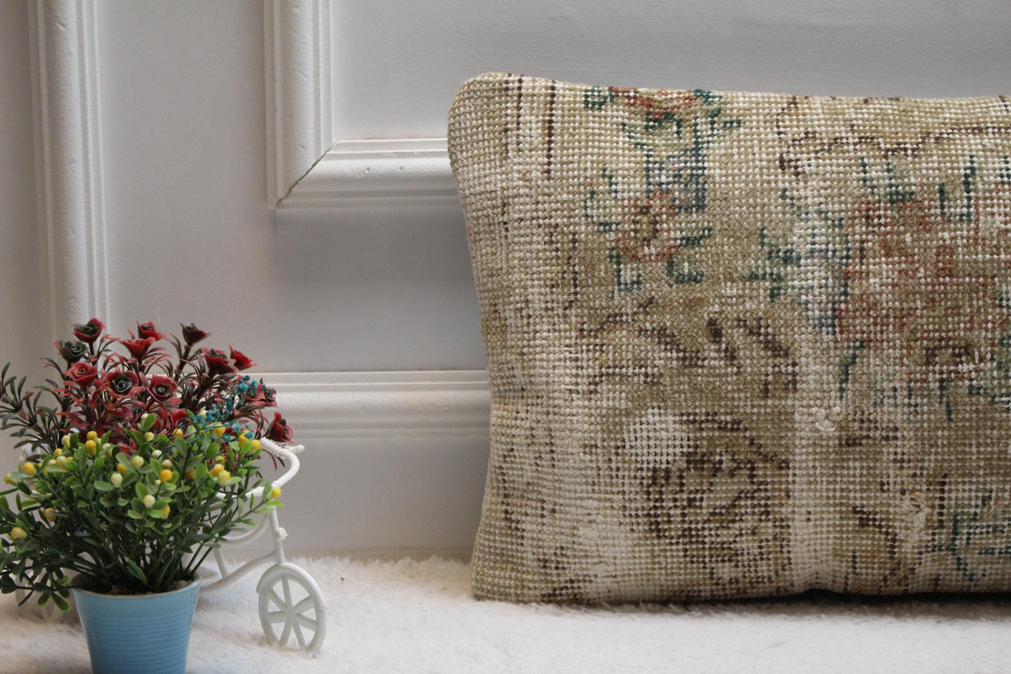 Beige Vintage Turkish Rug Lumbar Pillow Cover: 12x24 inc Handmade Kilim Pillow