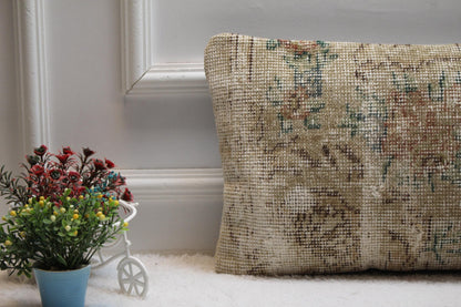 Beige Vintage Turkish Rug Lumbar Pillow Cover: 12x24 inc Handmade Kilim Pillow