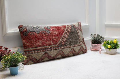 Vintage Turkish Rug Pillow: Organic Wool Lumbar Pillow Cover (12x24 in)