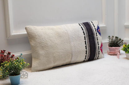 White Turkish Kilim Lumbar Pillow Cover: Vintage Woven Rug, 12x24 inch