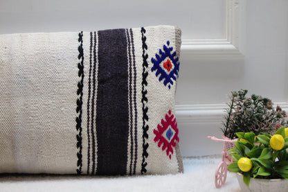 White Turkish Kilim Lumbar Pillow Cover: Vintage Woven Rug, 12x24 inch